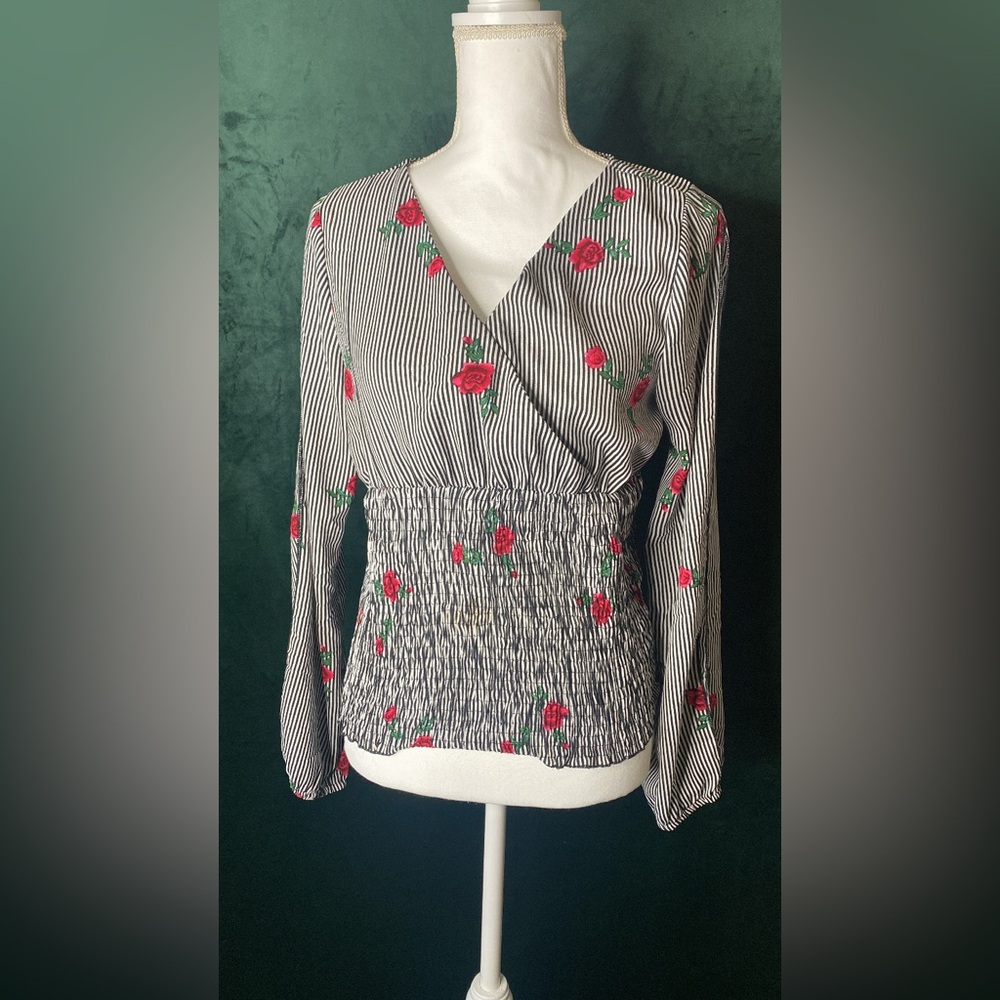 Blush Black and White Striped Floral Blouse